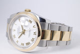 ROLEX DATEJUST 36 TWO TONE YELLOW GOLD SMOOTH BEZEL OYSTER BRACELET WHITE ROMAN DIAL 116203 BOX & PAPERS $8,250