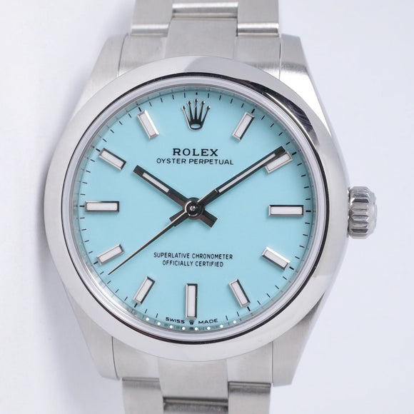 ROLEX NEW LADIES 31MM OYSTER PERPETUAL TIFFANY TURQUOISE BLUE DIAL 277200 BOX & PAPERS