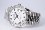 ROLEX 2025 DATEJUST 36 STAINLESS STEEL WHITE ROMAN DIAL WHITE GOLD FLUTED BEZEL, JUBILEE BRACELET 126234 BOX & PAPERS $10,500