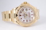 ROLEX YELLOW GOLD YACHTMASTER MOTHER OF PEARL RUBY DIAL 16628 BOX & SERVICE PAPERS