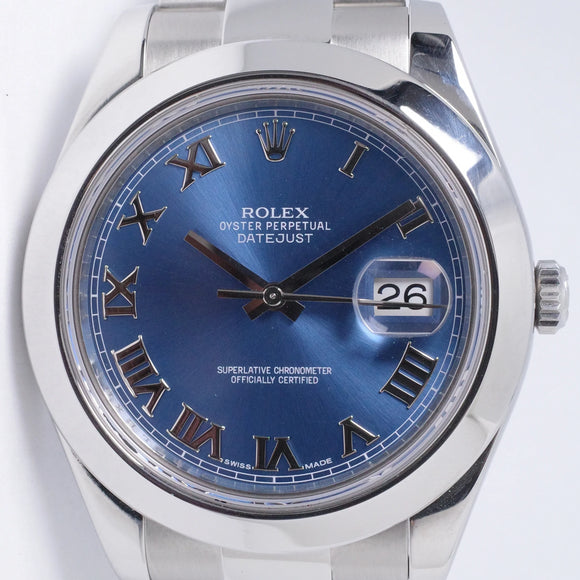 ROLEX 2015 41mm DATEJUST II BLUE ROMAN DIAL 116300 BOX & PAPERS