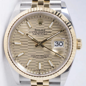 ROLEX NEW 2023 TWO TONE DATEJUST 36 CHAMPAGNE FLUTED MOTIF 126233 BOX & PAPERS