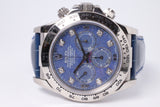 ROLEX WHITE GOLD ZENITH DAYTONA SODALITE DIAMOND DIAL MINT, UNPOLISHED, HANG TAGS & CASE BACK STICKERS 16519 BOX & PAPERS