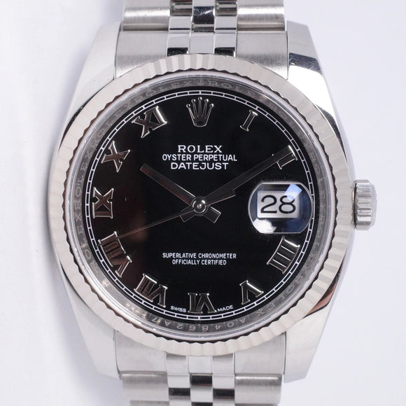 ROLEX DATEJUST 36 STAINLESS STEEL WHITE GOLD FLUTED BEZEL BLACK ROMAN DIAL JUBILEE BRACELET 116234 BOX & PAPERS