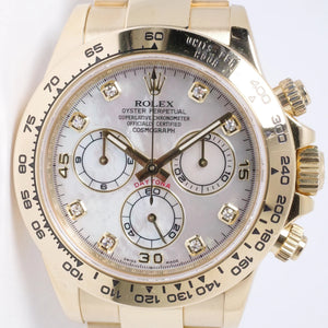 ROLEX YELLOW GOLD DAYTONA MOTHER OF PEARL DIAMOND DIAL 116508 BOX & PAPERS