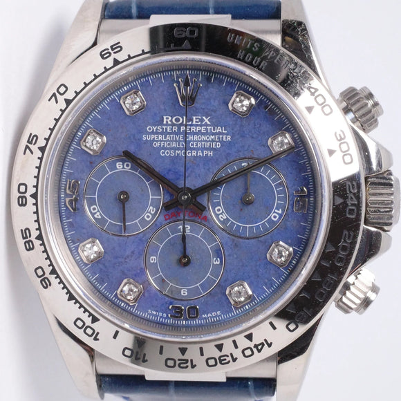 ROLEX WHITE GOLD ZENITH DAYTONA SODALITE DIAMOND DIAL MINT, UNPOLISHED, HANG TAGS & CASE BACK STICKERS 16519 BOX & PAPERS