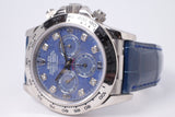 ROLEX WHITE GOLD ZENITH DAYTONA SODALITE DIAMOND DIAL MINT, UNPOLISHED, HANG TAGS & CASE BACK STICKERS 16519 BOX & PAPERS