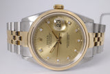 ROLEX DATEJUST TWO TONE FLAT BEZEL, CHAMPAGNE DIAMOND DIAL JUBILEE BRACELET 16203 WATCH ONLY