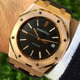 AUDEMARS PIGUET 39MM ROSE GOLD ROYAL OAK BLACK DIAL MINT WITH FACTORY WARRANTY 15300