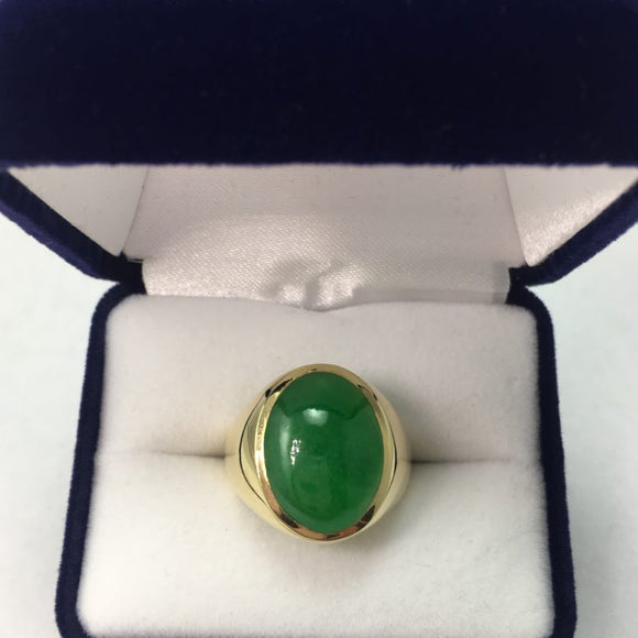 NATURAL GREEN JADE OVAL APPROX 12.35 CARATS 18K YELLOW GOLD RING W/ GIA CERT