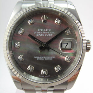 ROLEX DATEJUST STAINLESS STEEL WG FLUTED BEZEL BLACK MOTHER OF PEARL DIAMOND DIAL 116234
