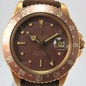 ROLEX 1973 VINTAGE YELLOW GOLD GMT BROWN ROOT BEER NIPPLE DIAL JUBILEE BRACELET 1675