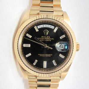 ROLEX YELLOW GOLD PRESIDENT DAY-DATE 40 BLACK BAGUETTE DIAMOND DIAL BOX & PAPERS 228238