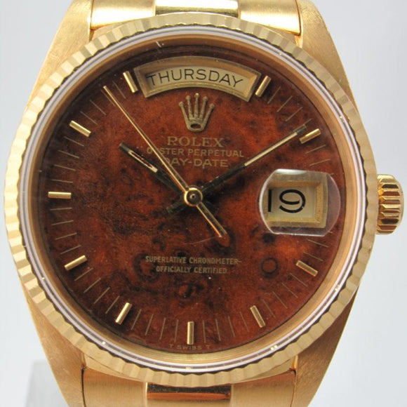 ROLEX BURL WOOD DIAL DAY-DATE YELLOW GOLD PRESIDENT MINT BOX & PAPERS 18038