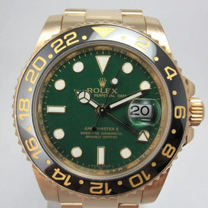 ROLEX YELLOW GOLD GMT MASTER II GREEN DIAL MINT BOX & PAPERS 116718LN