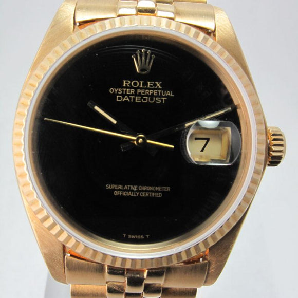 ROLEX 1979 VINTAGE YELLOW GOLD DATEJUST RARE ONYX STONE DIAL 16018 W/ SERVICE DOCUMENTS