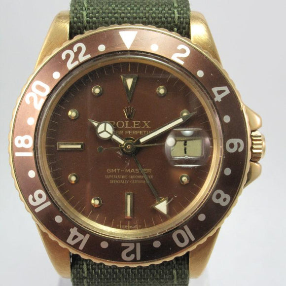 ROLEX 1969 YELLOW GOLD ROOT BEER GMT GLOSS NIPPLE DIAL VERY RARE MEGA FAT FONT INSERT 1675