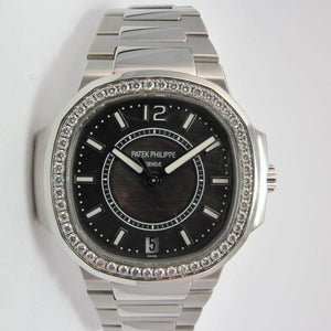 PATEK PHILIPPE NAUTILUS STAINLESS STEEL BLACK MOTHER OF PEARL DIAL DIAMOND BEZEL 7008/1A-001