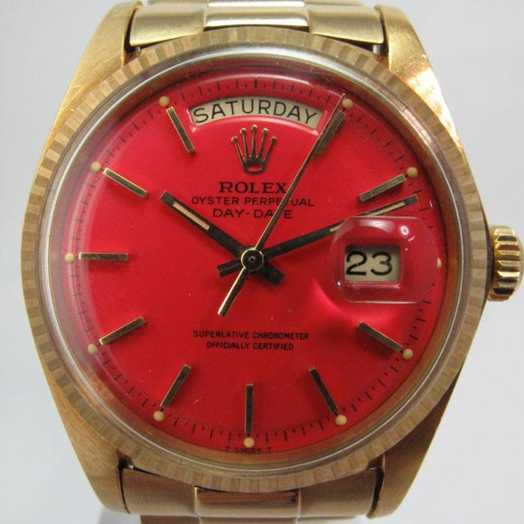 ROLEX VINTAGE YELLOW GOLD DAY-DATE PRESIDENT RED CORAL STELLA DIAL 1803