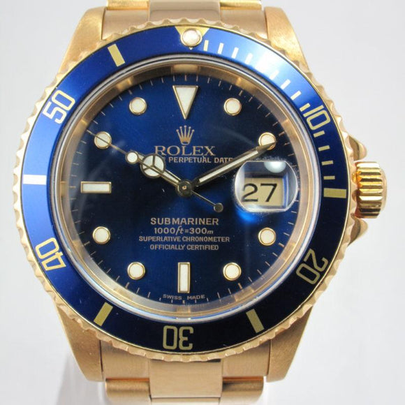 ROLEX YELLOW GOLD SUBMARINER BLUE DIAL & BEZEL MINT CONDITION 16618
