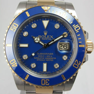 ROLEX SUBMARINER BLUE DIAMOND DIAL CERAMIC BEZEL TWO TONE YELLOW GOLD & STAINLESS 116613 BLD