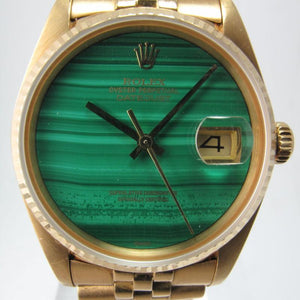 ROLEX 1985 VINTAGE YELLOW GOLD DATEJUST RARE MINERAL GREEN STONE MALACHITE DIAL W PAPERS 16018