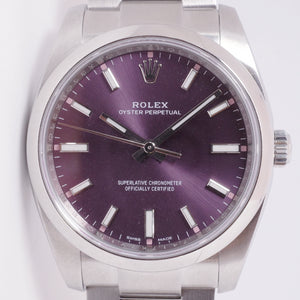 ROLEX OYSTER PERPETUAL 34mm STAINLESS STEEL PURPLE "GRAPE" DIAL BOX & PAPERS 114200