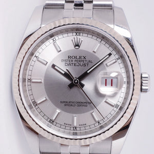 ROLEX 36mm DATEJUST SS / WHITE GOLD FLUTED BEZEL SILVER BULLS EYE DIAL JUBILEE BRACELET 116234