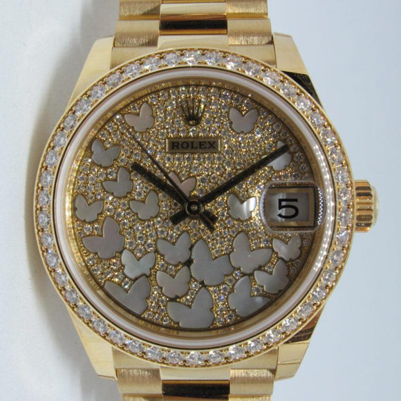 ROLEX 31MM YELLOW GOLD PRESIDENT MOTHER OF PEARL BUTTERFLY PAVED DIAMOND DIAL 278288