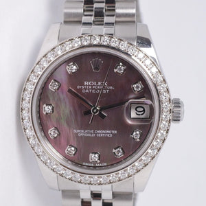 ROLEX DATEJUST 31mm BLACK MOTHER OF PEARL DIAMOND DIAL & DIAMOND BEZEL 178384 BOX & PAPERS