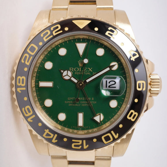 ROLEX YELLOW GOLD GMT MASTER II GREEN DIAL MINT BOX & PAPERS 116718