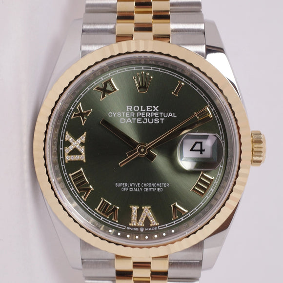 ROLEX NEW 2022 TWO TONE DATEJUST 36 GREEN OLIVE DIAMOND 6 & 9 DIAL 126233