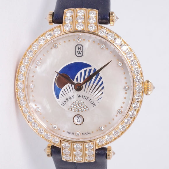 HARRY WINSTON ROSE GOLD & DIAMOND, MOTHER PEARL DIAMOND DIAL, MOON PHASE PREMIER BOX & PAPERS