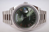 ROLEX NEW 2022 WHITE GOLD DAY-DATE 40 GREEN OLIVE ROMAN NUMERAL DIAL 228239 BOX & PAPERS
