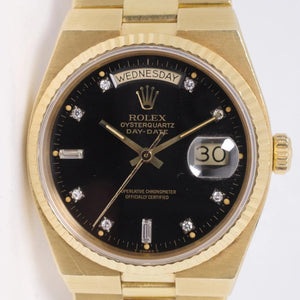 ROLEX YELLOW GOLD OYSTERQUARTZ DAY-DATE BLACK DIAMOND DIAL 19018 UNPOLISHED