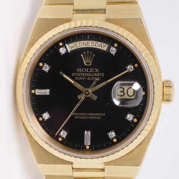 ROLEX YELLOW GOLD OYSTERQUARTZ DAY-DATE BLACK DIAMOND DIAL 19018 UNPOLISHED