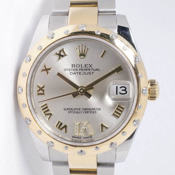 ROLEX DATEJUST 31 TWO TONE YELLOW GOLD & STAINLESS STEEL, SILVER DIAMOND IV, 24 DIAMOND BEZEL 178343 BOX & PAPERS