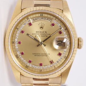 ROLEX YELLOW GOLD DAY-DATE PRESIDENT STRING DIAMOND & RUBY DIAL 18238