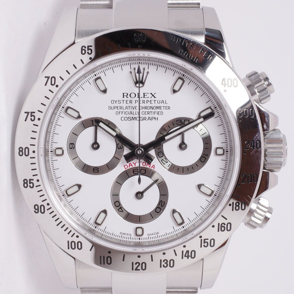 ROLEX STAINLESS STEEL DAYTONA COSMOGRAPH RARE WHITE APH DIAL MINT COMPLETE SET BOX PAPERS 116520
