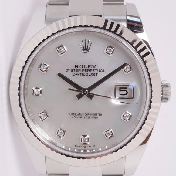 ROLEX NEW DATEJUST 41 MOTHER OF PEARL DIAMOND DIAL, FLUTED BEZEL, BOX & PAPERS 126334