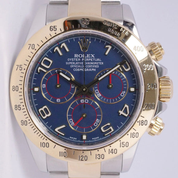 ROLEX TWO TONE DAYTONA BLUE ARABIC DIAL 116523 MINT BOX & PAPERS