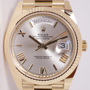 ROLEX BRAND NEW YELLOW GOLD DAY-DATE 40 SILVER DIAL BOX & PAPERS 228238