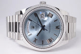 ROLEX NEW 2023 PLATINUM DAY-DATE 40 FLUTED BEZEL ICE BLUE ROMAN DIAL 228236 BOX & PAPERS. (AVAILABLE BY ORDER)
