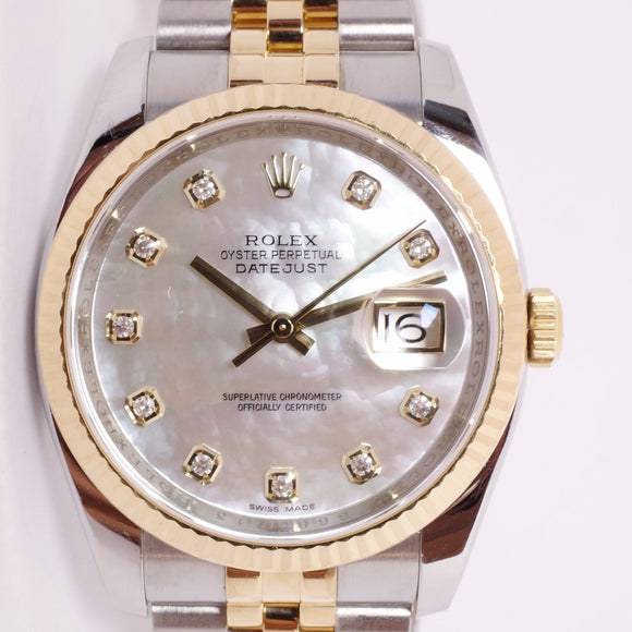 ROLEX DATEJUST 36 TWO TONE STEEL & YELLOW GOLD MOTHER OR PEARL DIAMOND DIAL BOX & PAPERS 116233