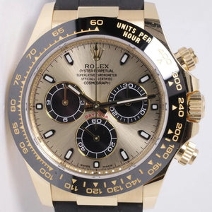 ROLEX 2022 YELLOW GOLD DAYTONA CHAMPAGNE DIAL OYSTER FLEX MINT 116518 BOX & PAPERS