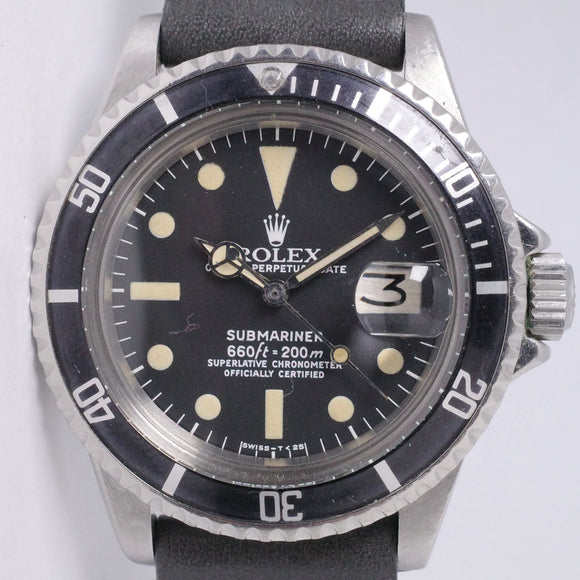 ROLEX VINTAGE DATE SUBMARINER 1680 WITH LIGHT BEIGE TONE PATINA ON STRAP $14,300