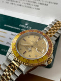 ROLEX GMT MASTER II TWO TONE YELLOW GOLD & STEEL ROOT BEER JUBILEE 16713 SERTI DIAMOND RUBY DIAL