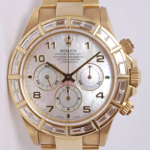 ROLEX ZENITH YELLOW GOLD DAYTONA VERY RARE BAGUETTE DIAMOND BEZEL MOTHER OF PEARL DIAL 16568 UNPOLISHED COMPLETE SET BOX & PAPERS $250,000