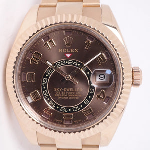 ROLEX EVEROSE GOLD SKY-DWELLER CHOCOLATE ARABIC DIAL BOX & PAPERS 326935