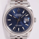 ROLEX 2022 DATEJUST BLUE FLUTED MOTIF JUBILEE 126234 BOX & PAPERS $10,500